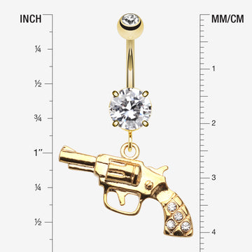 Detail View 1 of Golden Pistol Gun Sparkle Belly Ring-Clear Gem